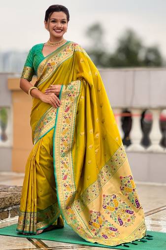 woven meenakari jacquard designer parrot green color paithani silk blend saree