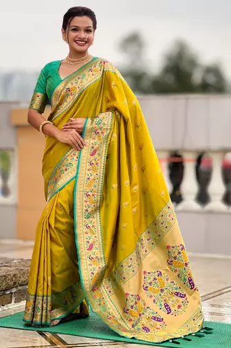 woven meenakari jacquard designer parrot green color paithani silk blend saree