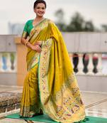 woven meenakari jacquard parrot green color paithani silk blend saree