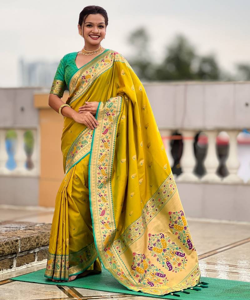 woven meenakari jacquard designer parrot green color paithani silk blend saree