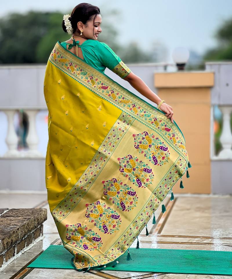 woven meenakari jacquard designer parrot green color paithani silk blend saree