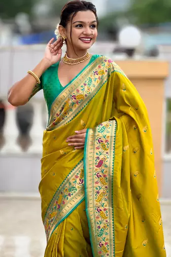 woven meenakari jacquard parrot green paithani silk blend saree