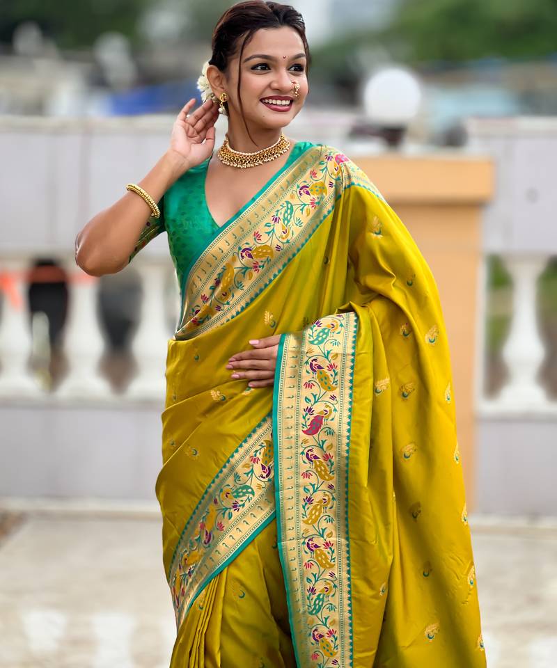 woven meenakari jacquard designer parrot green color paithani silk blend saree