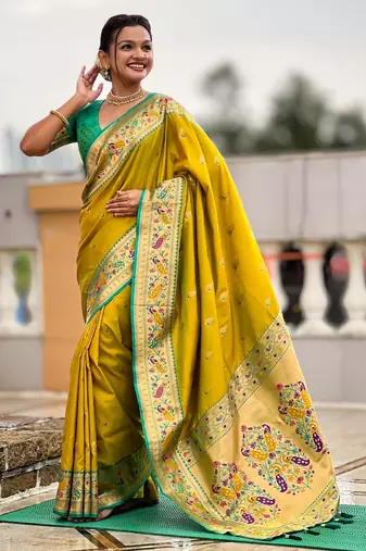 woven meenakari jacquard parrot green paithani silk blend saree