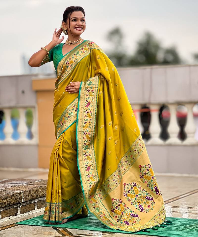 woven meenakari jacquard designer parrot green color paithani silk blend saree