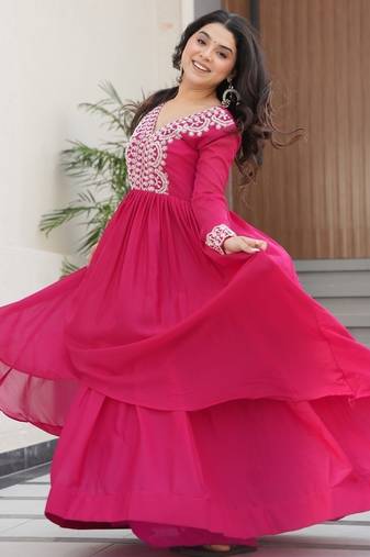 Pink Star Georgette Gown with Bead & Sequin Embroidery | Fully Stitched Women’s Partywear & Festive Gown
