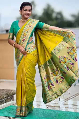 woven meenakari jacquard parrot green paithani silk blend saree