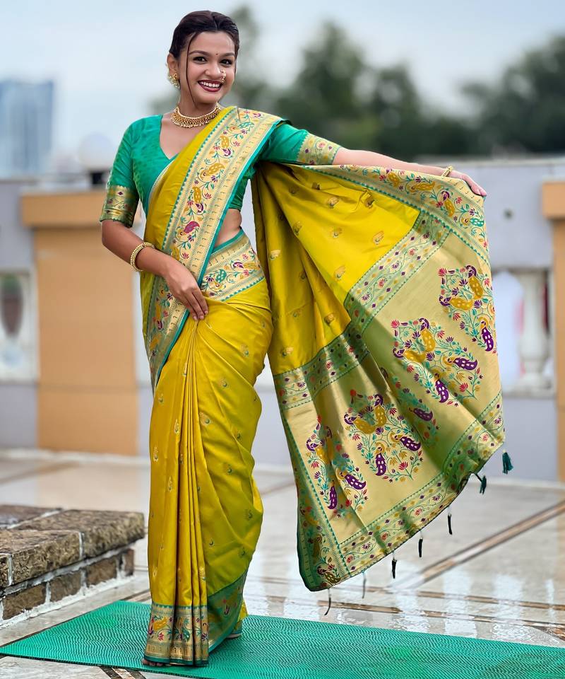 woven meenakari jacquard designer parrot green color paithani silk blend saree