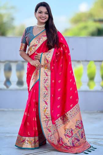woven meenakari jacquard designer pink color paithani silk blend saree