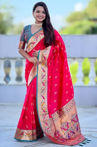 woven meenakari jacquard designer pink color paithani silk blend saree