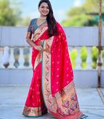 woven meenakari jacquard pink color paithani silk blend saree