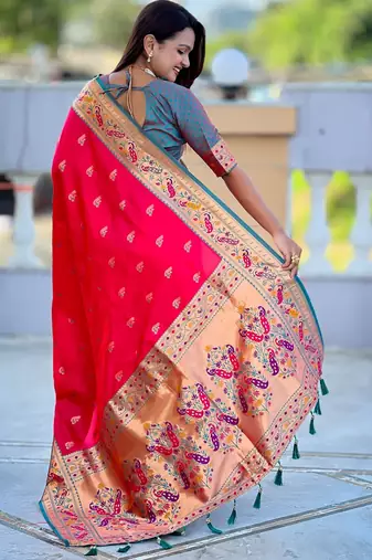 woven meenakari jacquard pink paithani silk blend saree