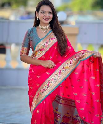 woven meenakari jacquard pink paithani silk blend saree 3