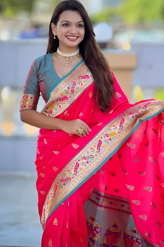 woven meenakari jacquard pink paithani silk blend saree