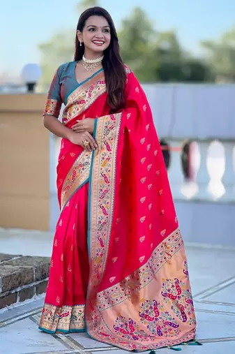 woven meenakari jacquard pink paithani silk blend saree