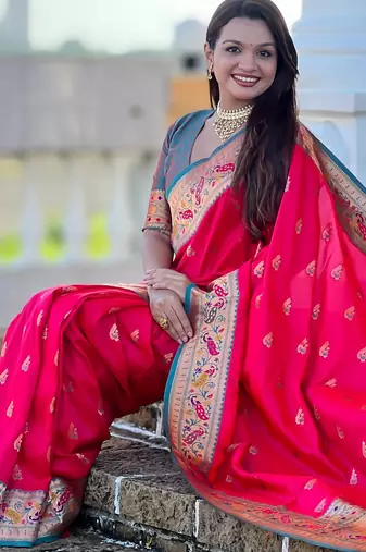 woven meenakari jacquard pink paithani silk blend saree