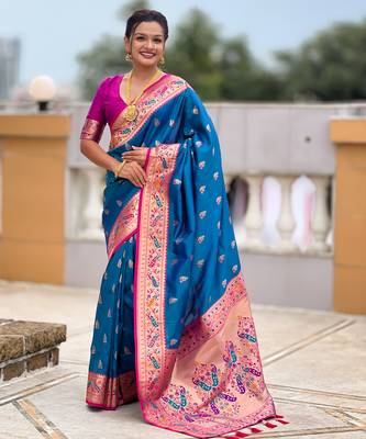 woven meenakari jacquard sky blue paithani silk blend saree 1