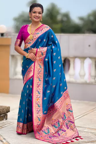 woven meenakari jacquard designer sky blue color paithani silk blend saree
