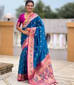 woven meenakari jacquard sky blue color paithani silk blend saree