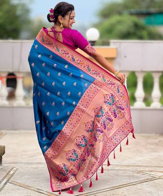 woven meenakari jacquard sky blue paithani silk blend saree 2