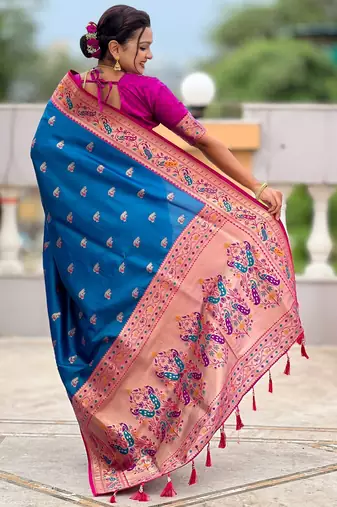 woven meenakari jacquard sky blue paithani silk blend saree