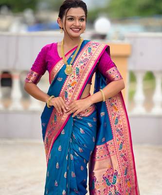 woven meenakari jacquard sky blue paithani silk blend saree 3