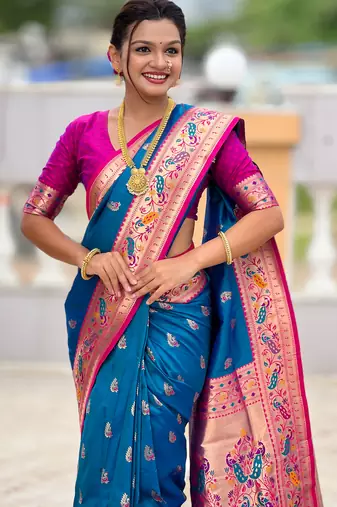 woven meenakari jacquard sky blue paithani silk blend saree
