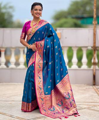 woven meenakari jacquard sky blue paithani silk blend saree 4