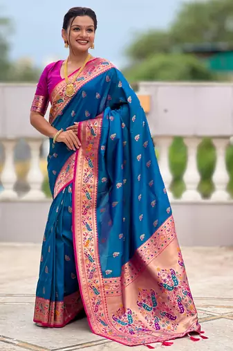 woven meenakari jacquard sky blue paithani silk blend saree