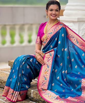 woven meenakari jacquard sky blue paithani silk blend saree 5