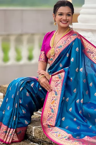 woven meenakari jacquard sky blue paithani silk blend saree