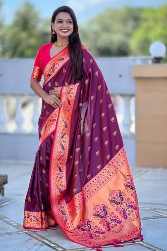 woven meenakari jacquard designer wine color paithani silk blend saree