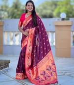 woven meenakari jacquard wine color paithani silk blend saree
