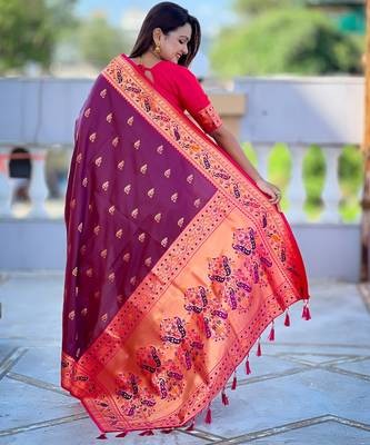 woven meenakari jacquard wine paithani silk blend saree 2
