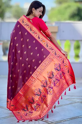 woven meenakari jacquard wine paithani silk blend saree