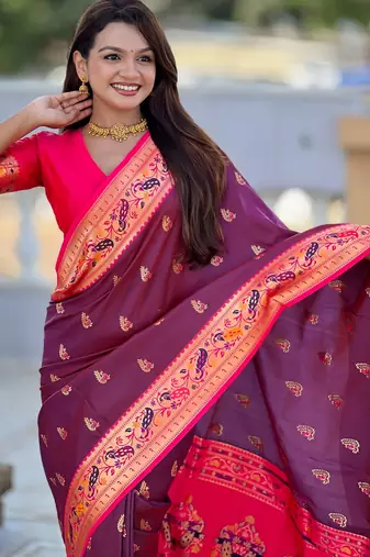 woven meenakari jacquard wine paithani silk blend saree