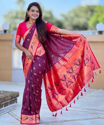 woven meenakari jacquard wine paithani silk blend saree 4