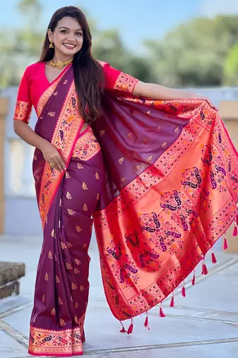 woven meenakari jacquard wine paithani silk blend saree