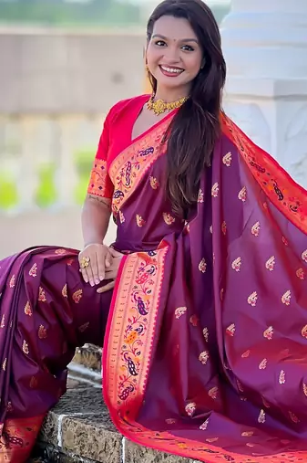 woven meenakari jacquard wine paithani silk blend saree