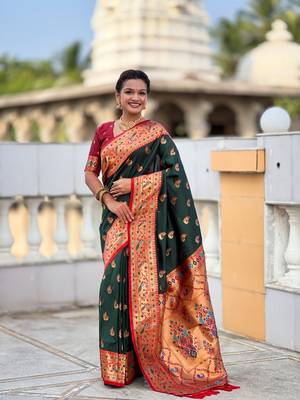 green paithani silk blend woven meenakari jacquard saree 1