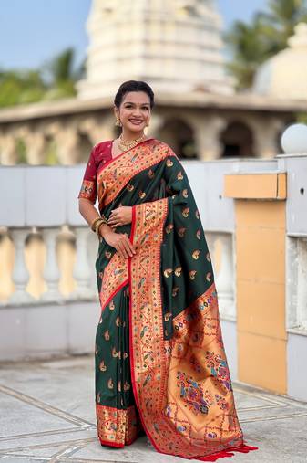 green color paithani silk blend woven meenakari jacquard designer saree