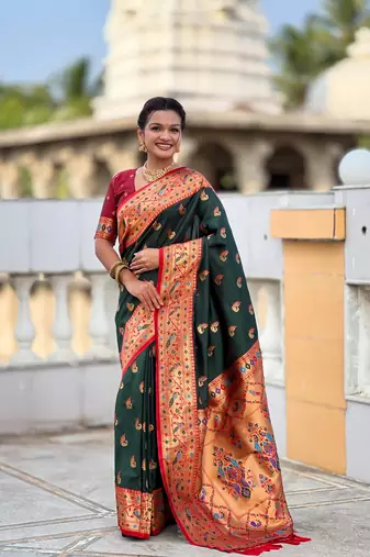 green color paithani silk blend woven meenakari jacquard designer saree