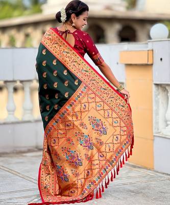 green paithani silk blend woven meenakari jacquard saree 2