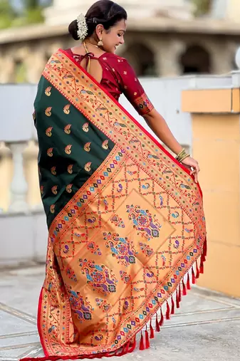 green paithani silk blend woven meenakari jacquard saree