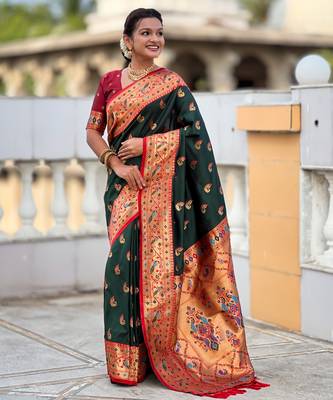 green paithani silk blend woven meenakari jacquard saree 4