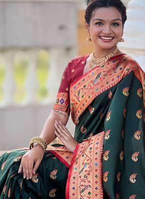 green paithani silk blend woven meenakari jacquard saree 5