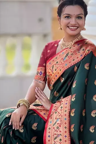 green paithani silk blend woven meenakari jacquard saree