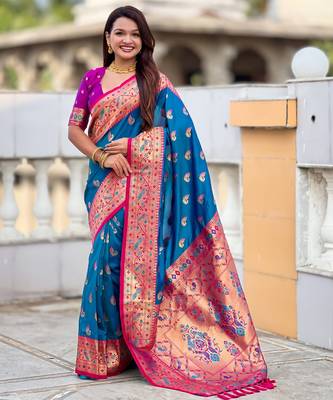 firozi paithani silk blend woven meenakari jacquard saree 1