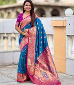 firozi color paithani silk blend woven meenakari jacquard saree