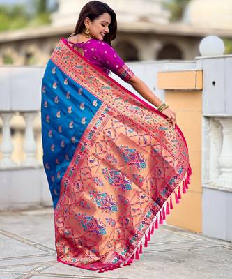 firozi paithani silk blend woven meenakari jacquard saree 2